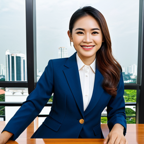 **

A professional Thai businesswoman in a tailored, modest business suit, sitting at a polished wooden desk in a bright, modern Bangkok office. Large windows overlook the cityscape. She is smiling confidently.  Fully clothed, appropriate attire, safe for work, perfect anatomy, natural proportions, professional photography, high quality.

**