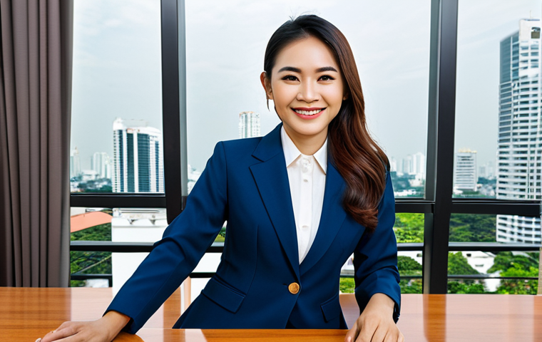 **

A professional Thai businesswoman in a tailored, modest business suit, sitting at a polished wooden desk in a bright, modern Bangkok office. Large windows overlook the cityscape. She is smiling confidently.  Fully clothed, appropriate attire, safe for work, perfect anatomy, natural proportions, professional photography, high quality.

**